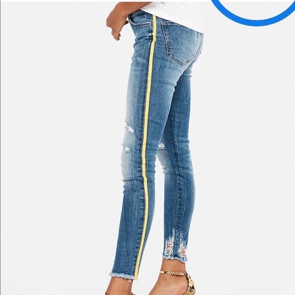 Express Denim - Express Mid Rise Skinny Jean w/ Yellow Stripe